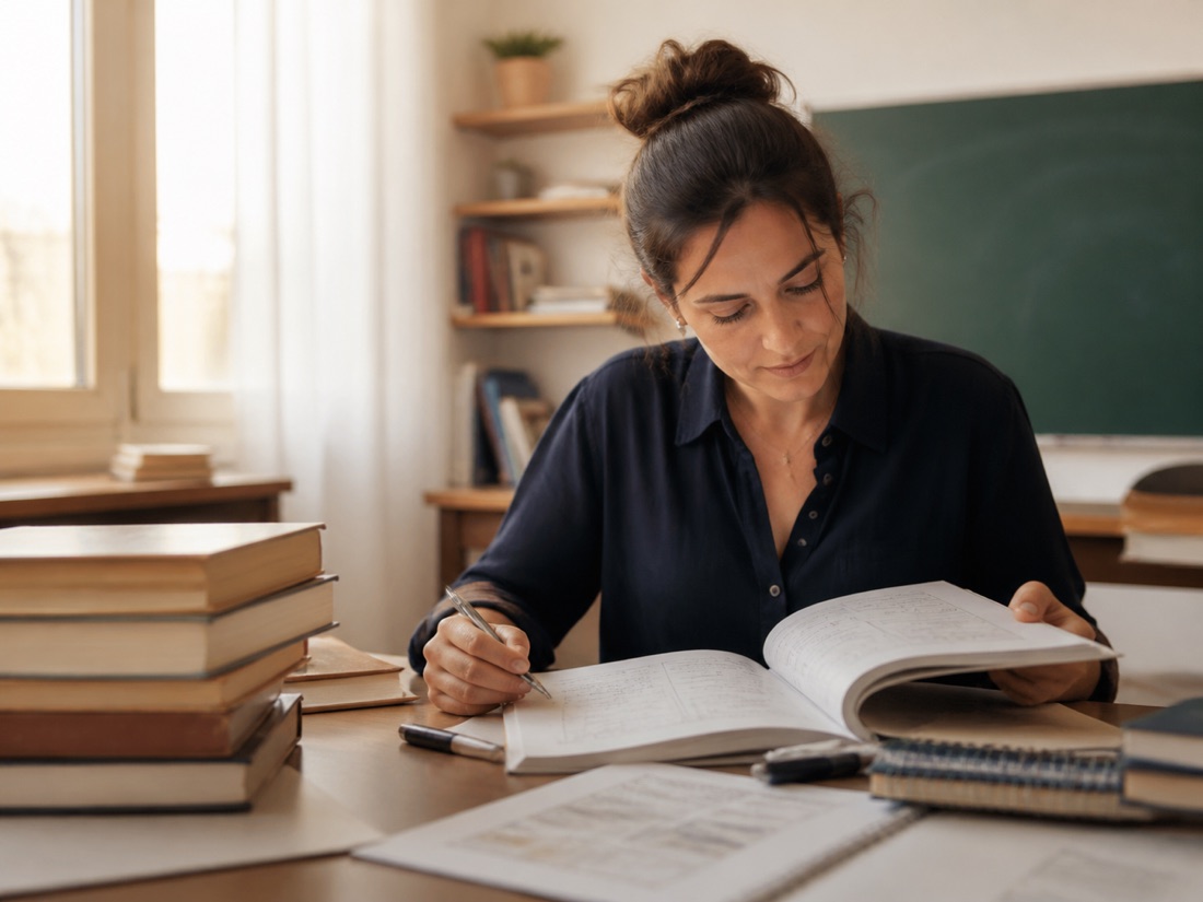 Aspirante preparando oposiciones docentes en un aula